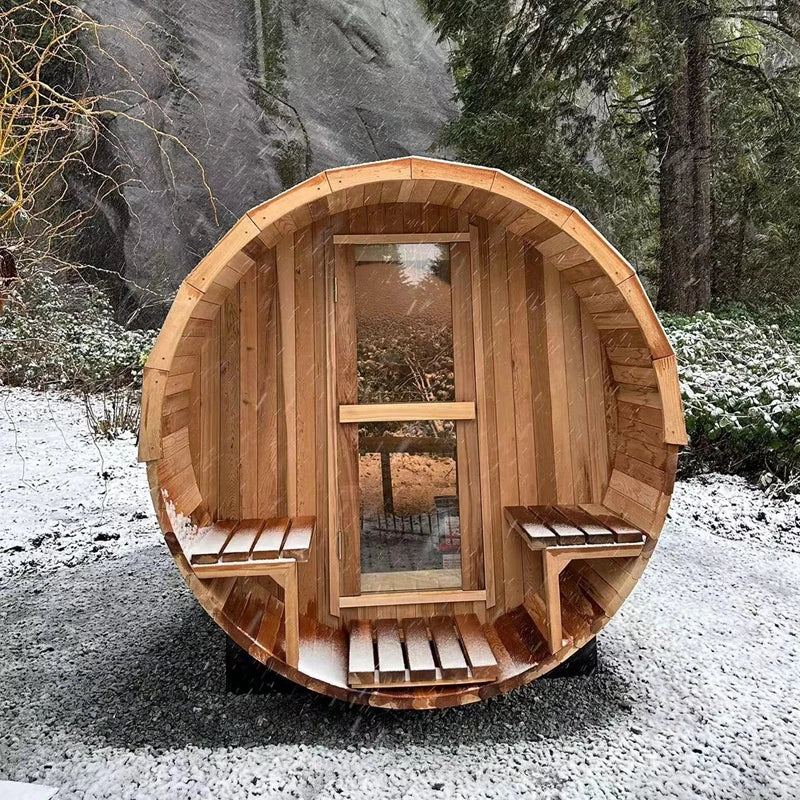 Premium Canadian Red Cedar Barrel Sauna with panoramic window: 2 person