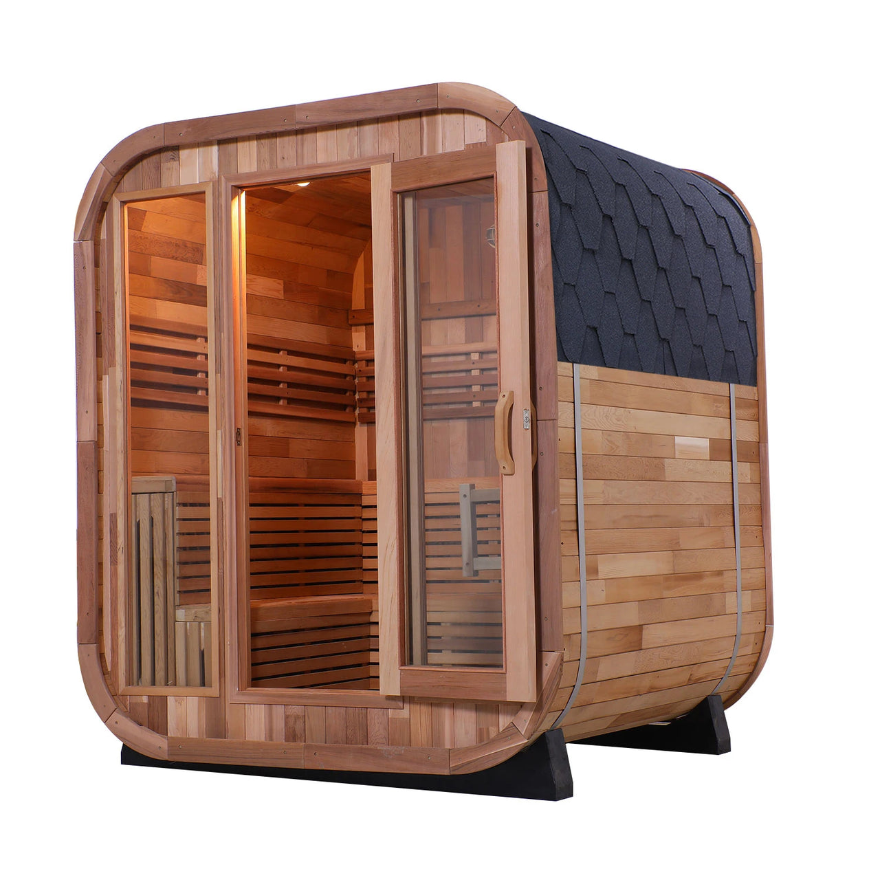 Panoramic Red Cedar Barrel Sauna - 2 Person Outdoor Sauna with Stainless Steel Heater